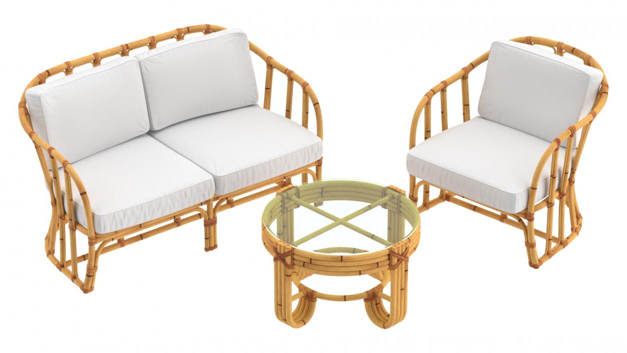 Vintage Bamboo Furniture with Cushions Set 3D