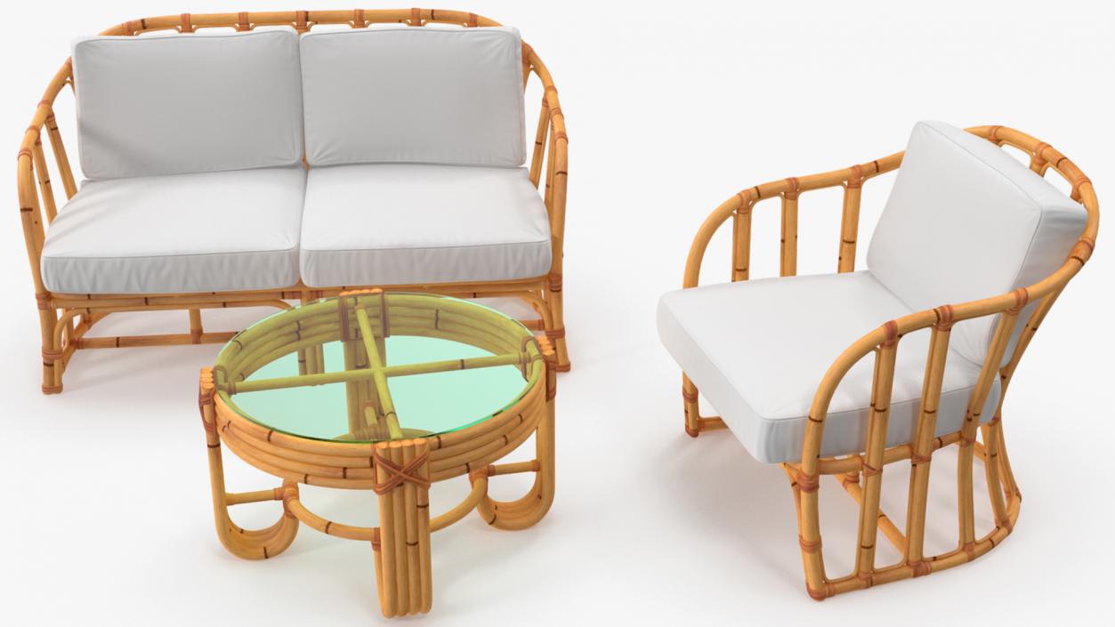 Vintage Bamboo Furniture with Cushions Set 3D