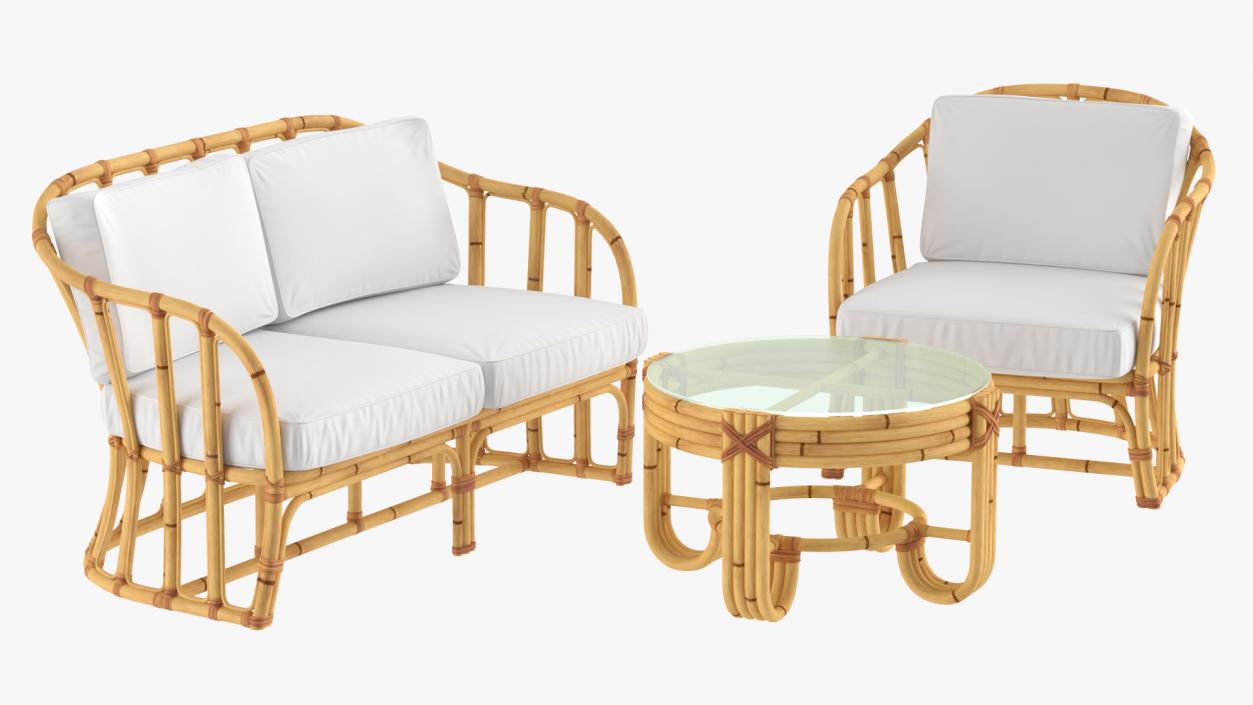 Vintage Bamboo Furniture with Cushions Set 3D