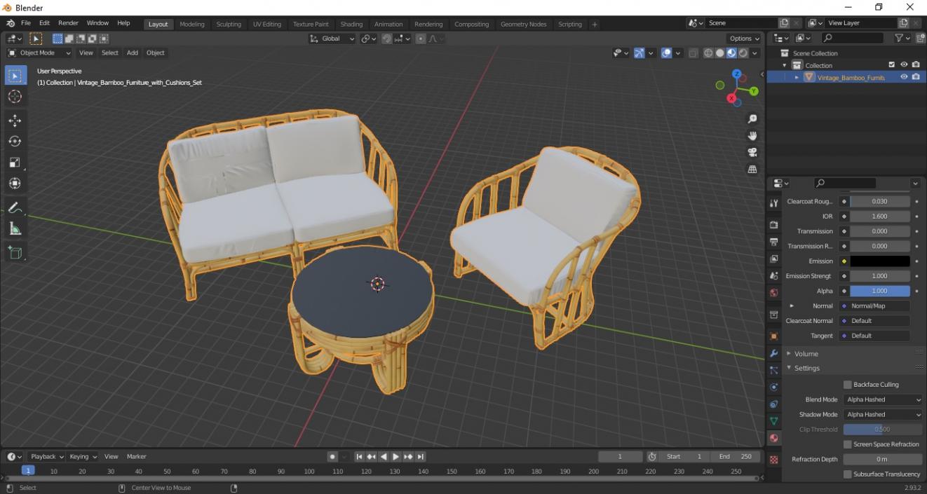 Vintage Bamboo Furniture with Cushions Set 3D