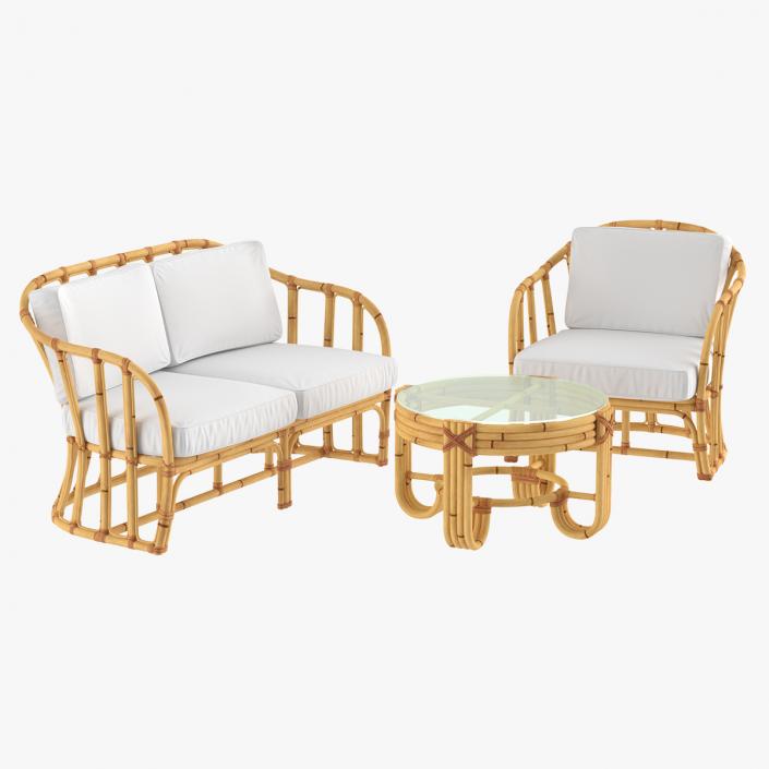 Vintage Bamboo Furniture with Cushions Set 3D