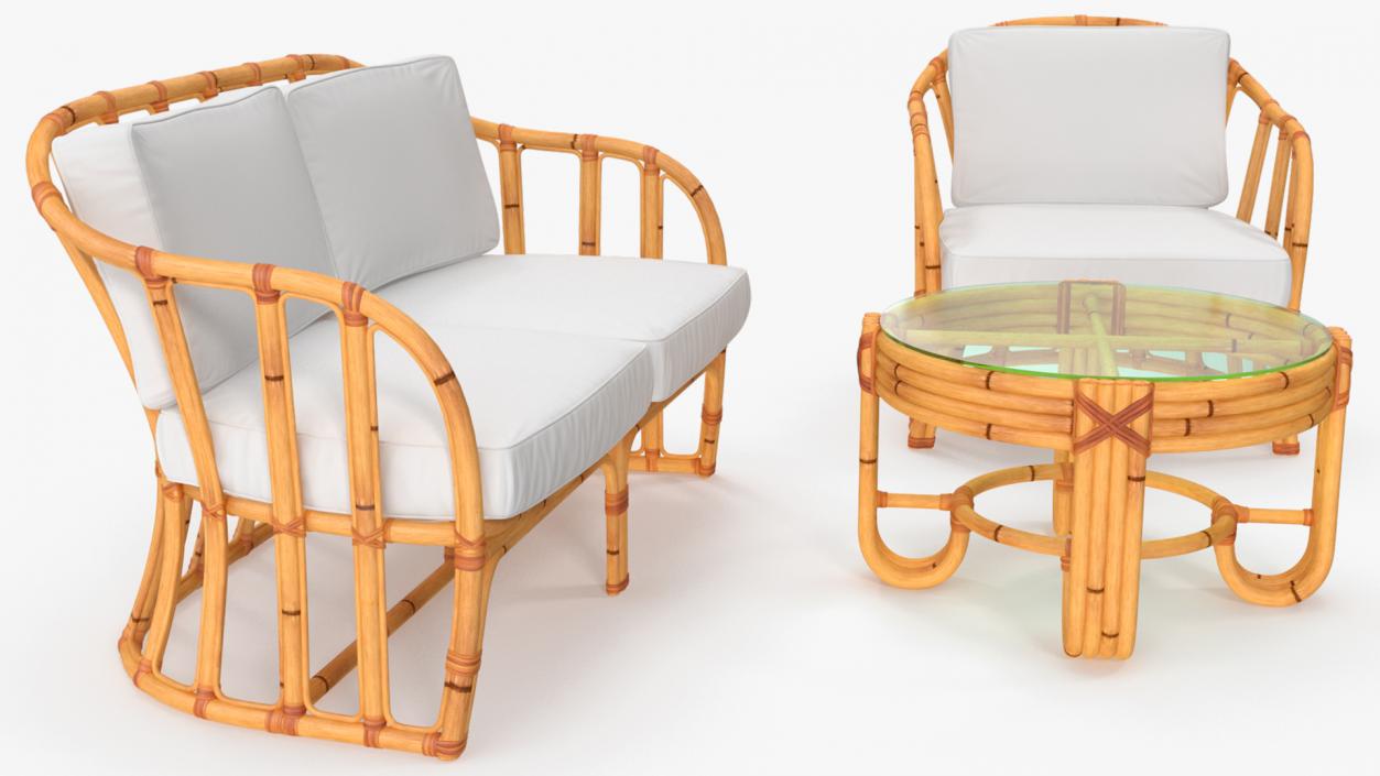 Vintage Bamboo Furniture with Cushions Set 3D