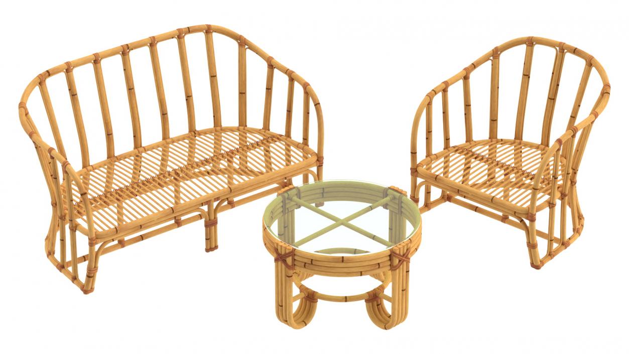 Vintage Bamboo Furniture with Cushions Set 3D