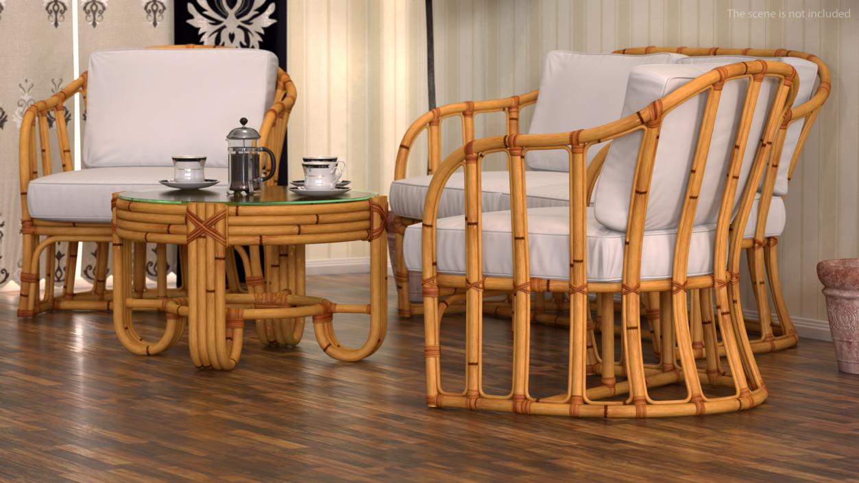 Vintage Bamboo Furniture with Cushions Set 3D