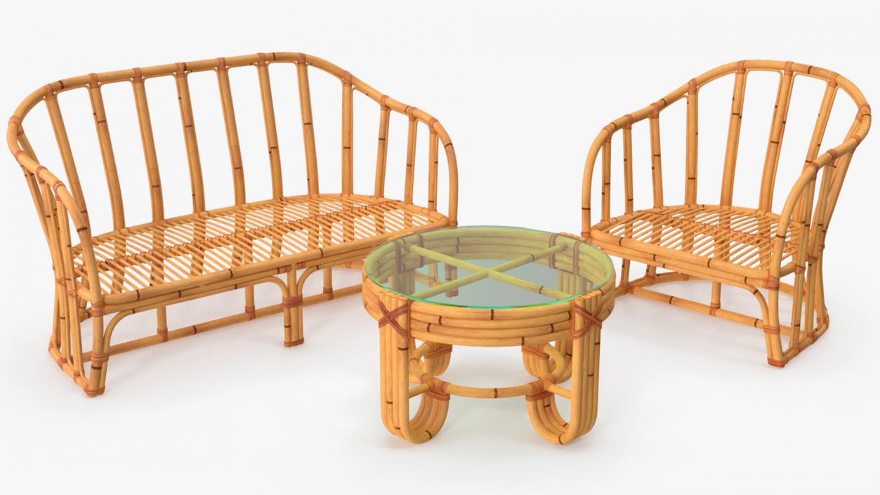 Vintage Bamboo Furniture with Cushions Set 3D