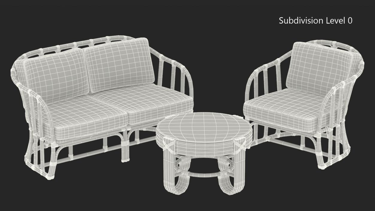 Vintage Bamboo Furniture with Cushions Set 3D