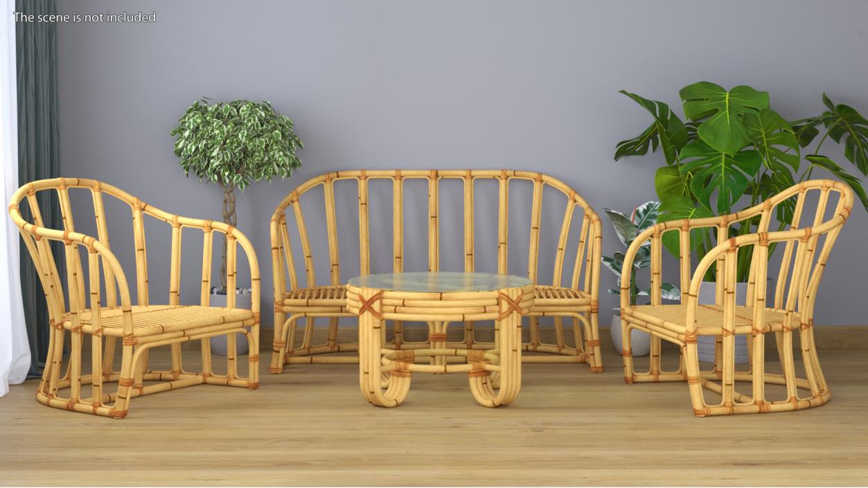 Vintage Bamboo Furniture with Cushions Set 3D