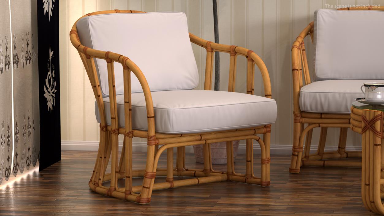 Vintage Bamboo Furniture with Cushions Set 3D