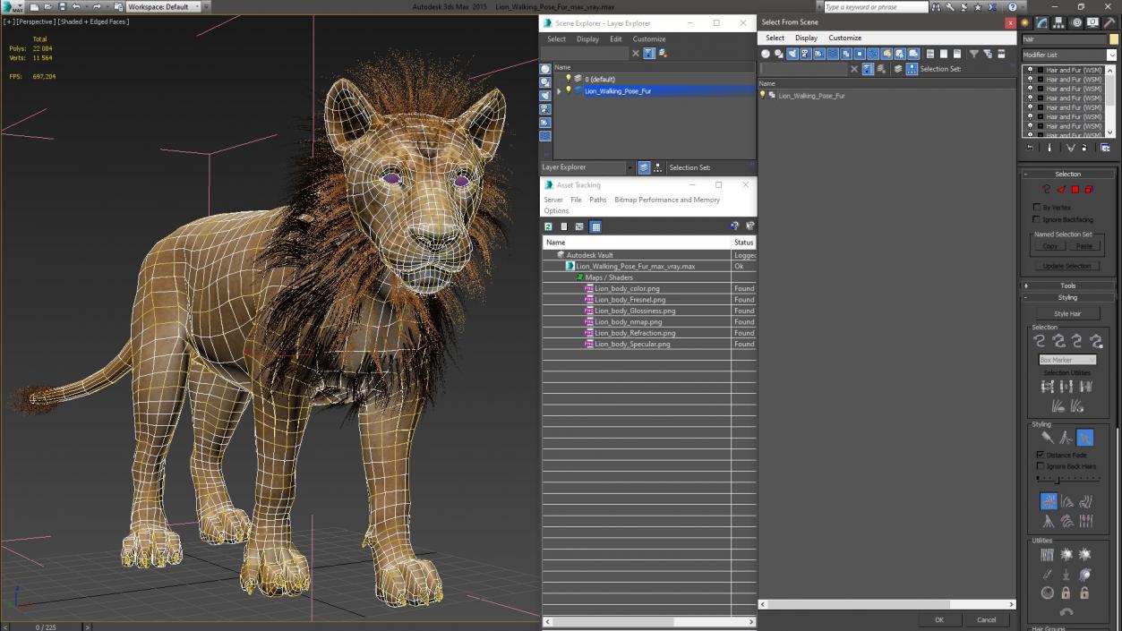 3D Lion Walking Pose Fur