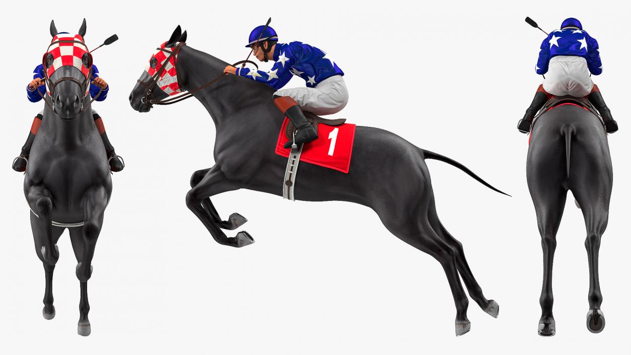 Black Racing Horse with Jokey Jumping 3D