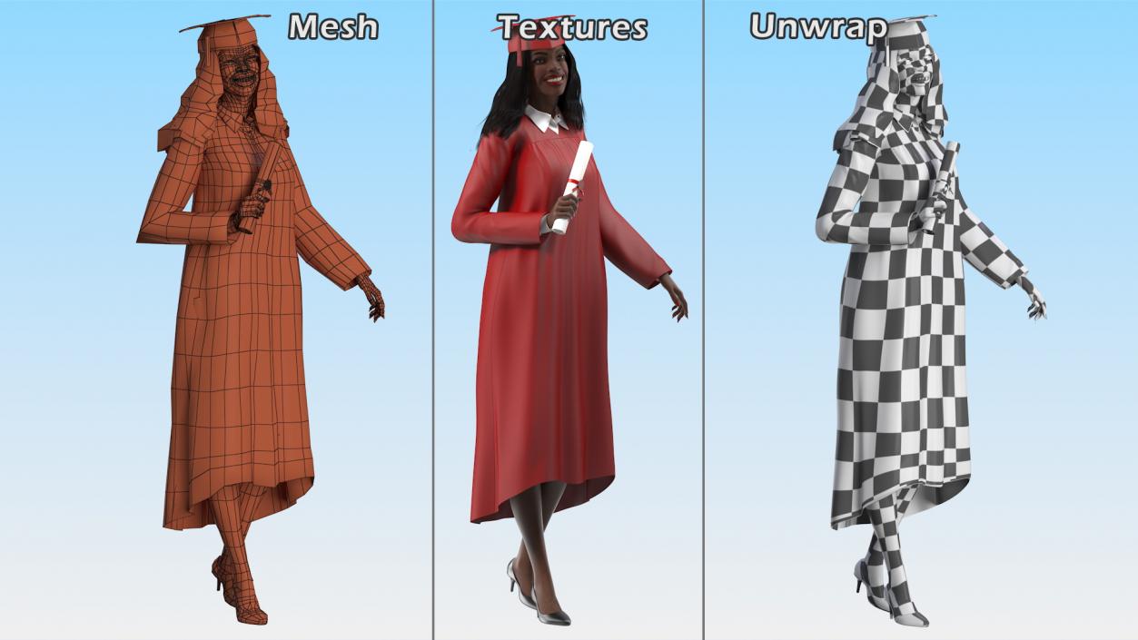 3D model Dark Skin Graduation Gown Woman Standing Pose