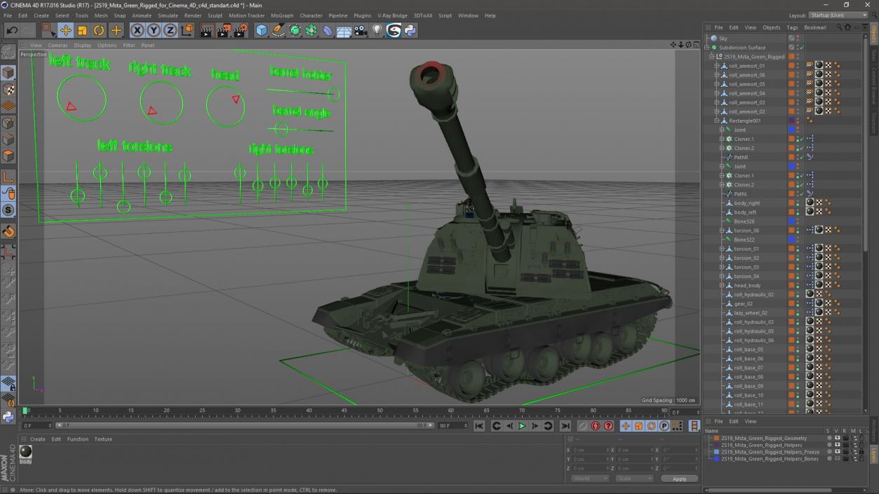 3D 2S19 Msta Green Rigged for Cinema 4D
