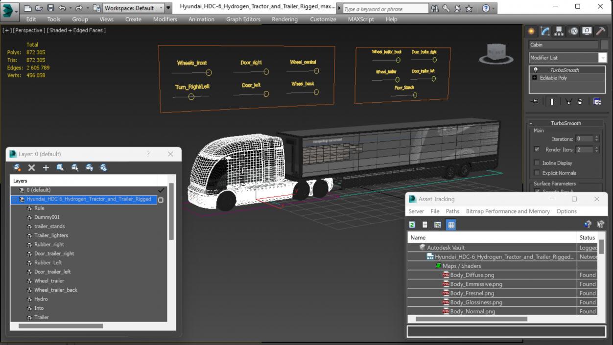 Hyundai HDC-6 Hydrogen Tractor and Trailer Rigged 3D model