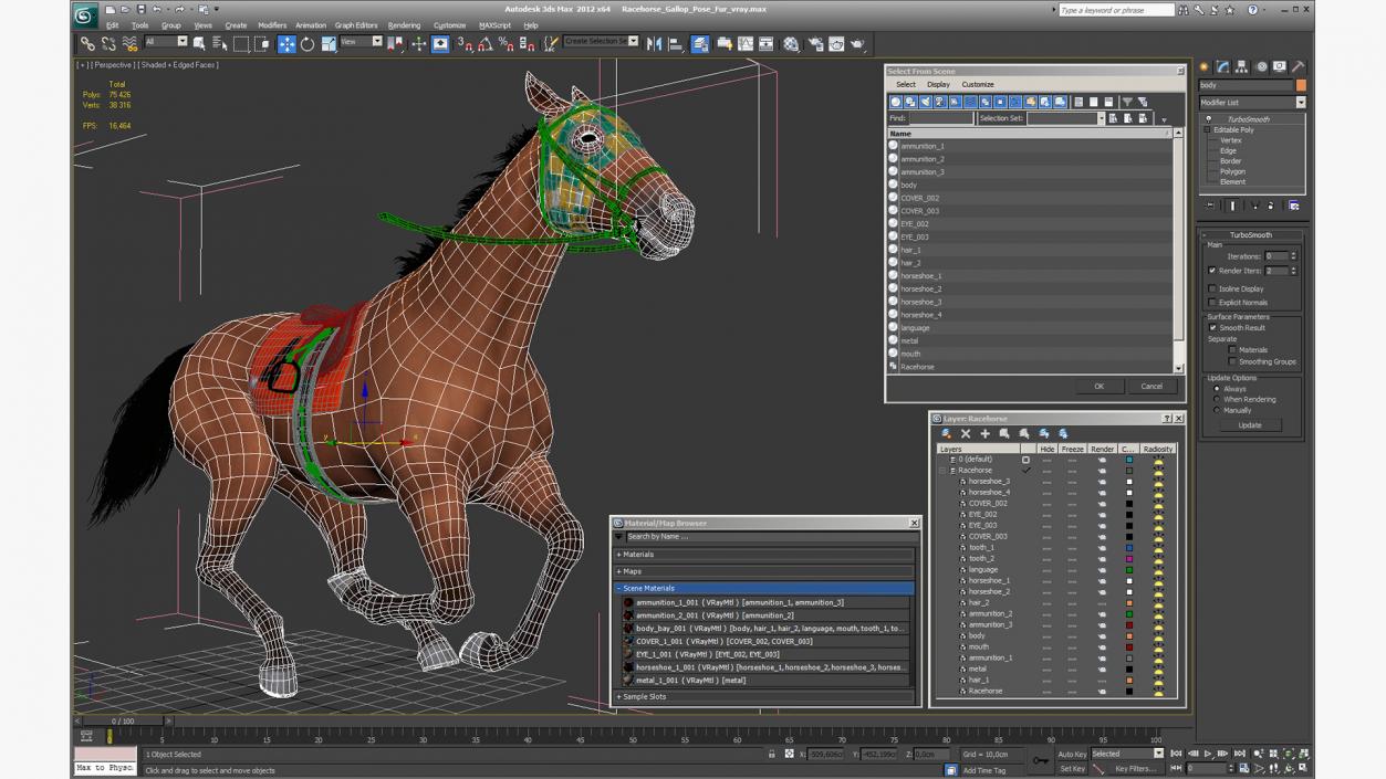 3D model Racehorse Gallop Pose Fur