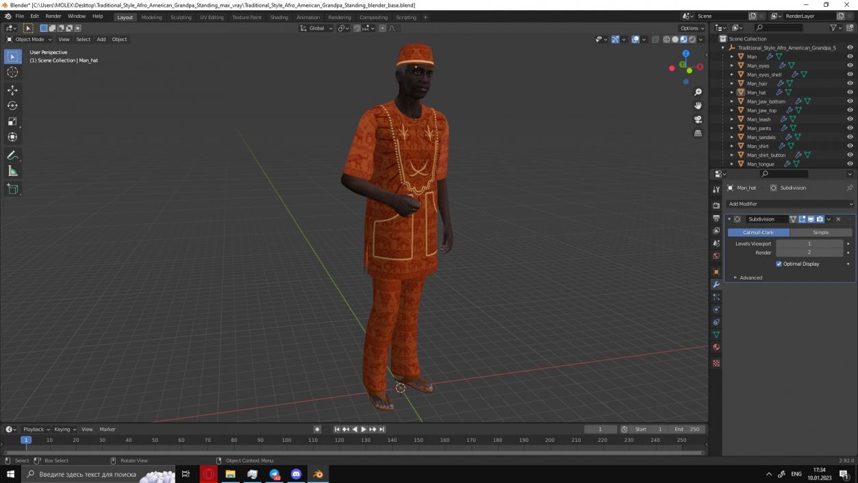 3D Traditional Style Afro American Grandpa Standing model