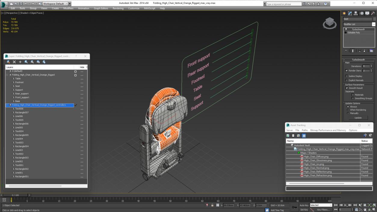 3D Folding High Chair Vertical Orange Rigged