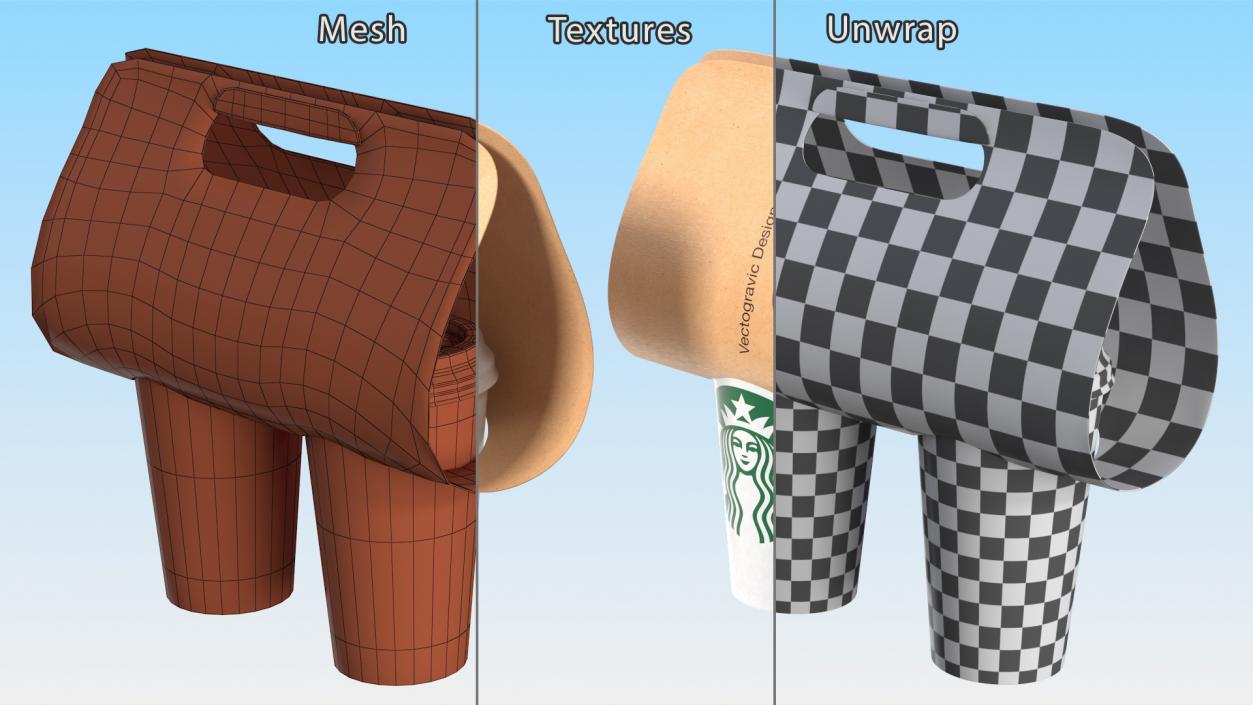 Two Coffee Cups in Kraft Paper Cup Carrier 3D