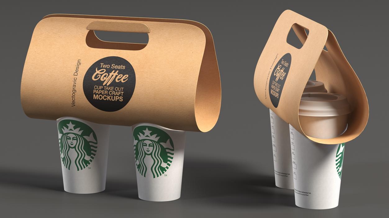 Two Coffee Cups in Kraft Paper Cup Carrier 3D