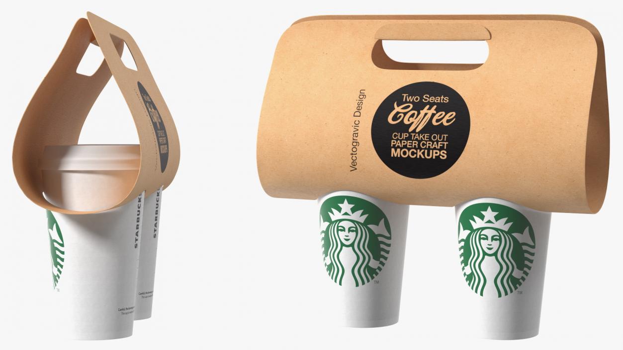 Two Coffee Cups in Kraft Paper Cup Carrier 3D