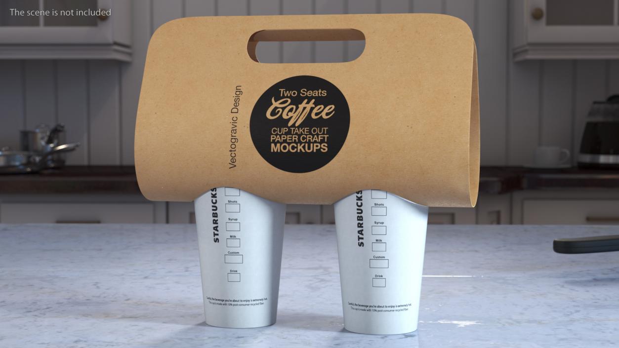 Two Coffee Cups in Kraft Paper Cup Carrier 3D