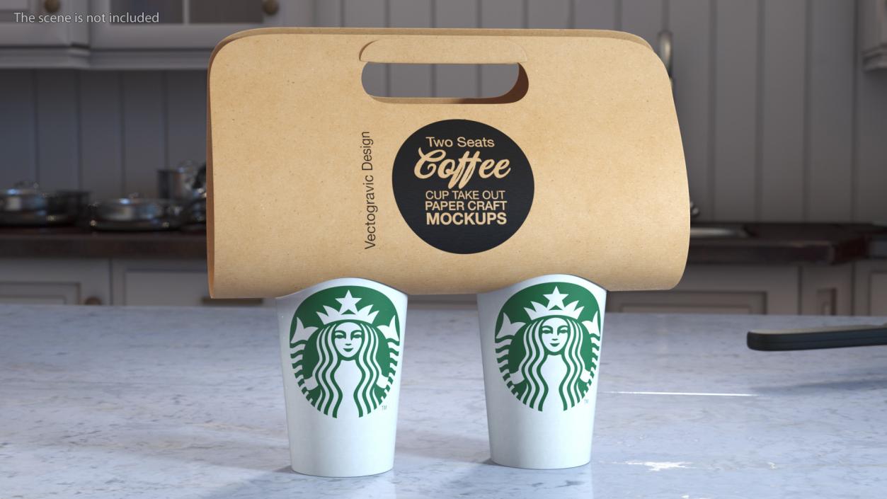 Two Coffee Cups in Kraft Paper Cup Carrier 3D