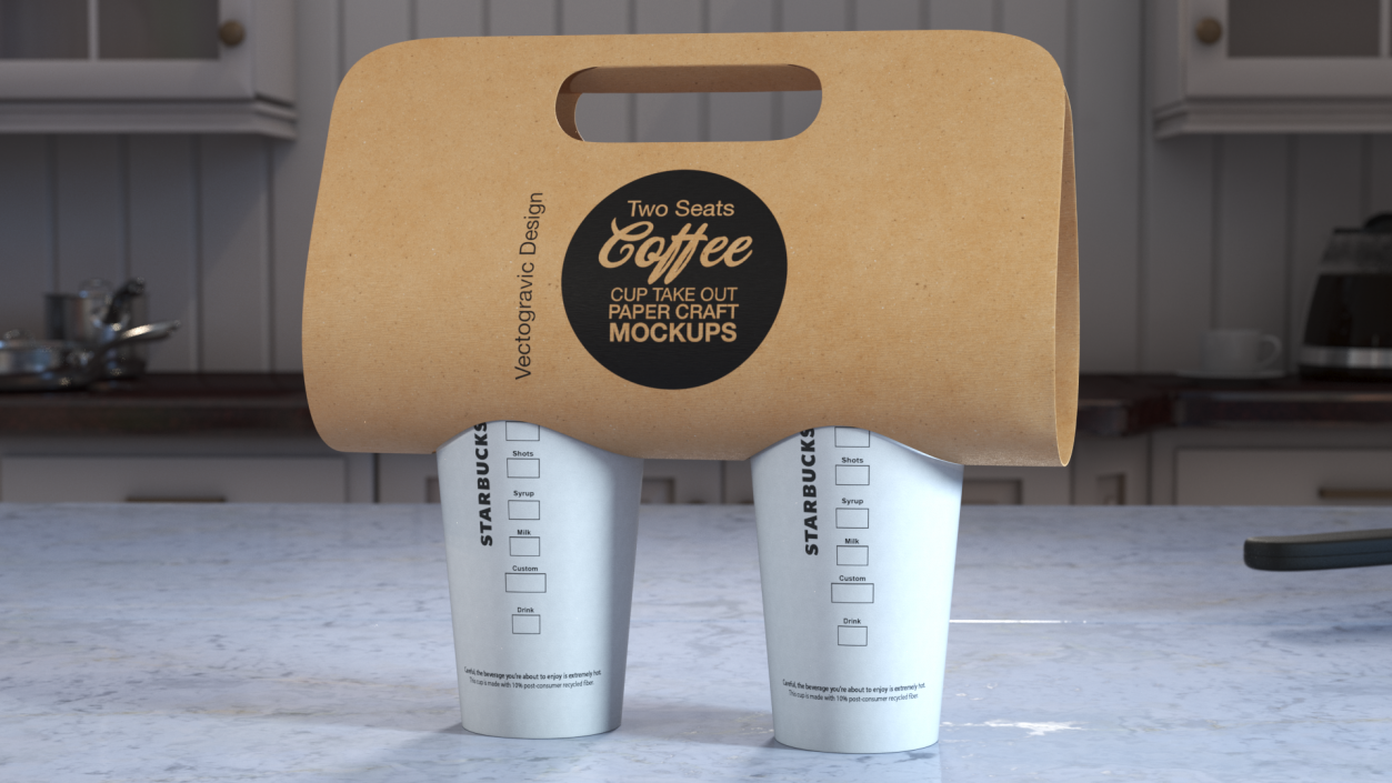 Two Coffee Cups in Kraft Paper Cup Carrier 3D