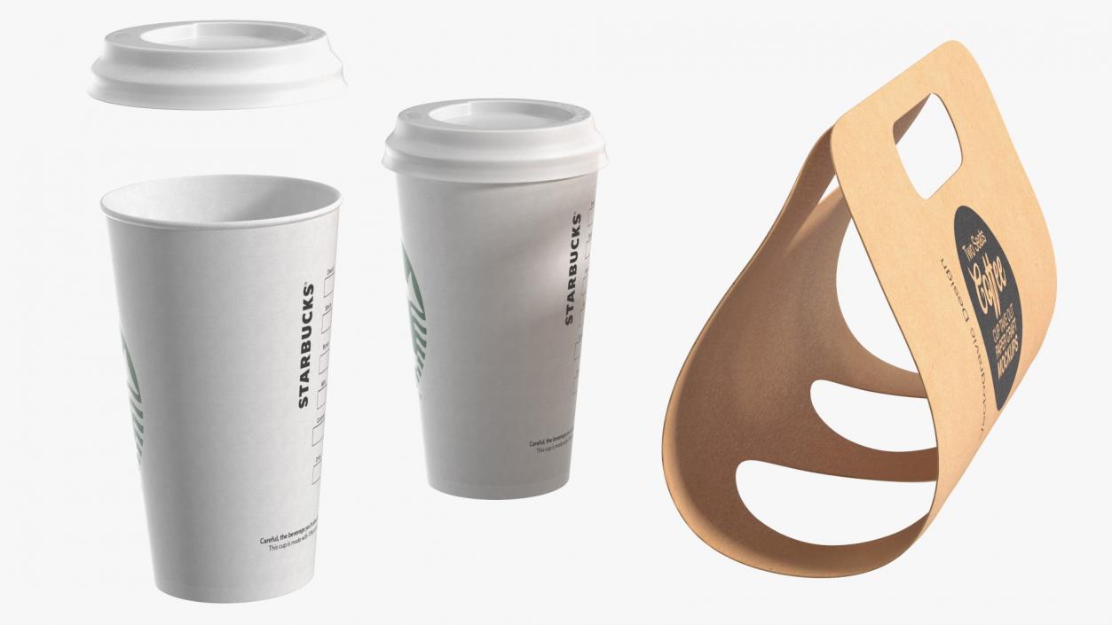 Two Coffee Cups in Kraft Paper Cup Carrier 3D