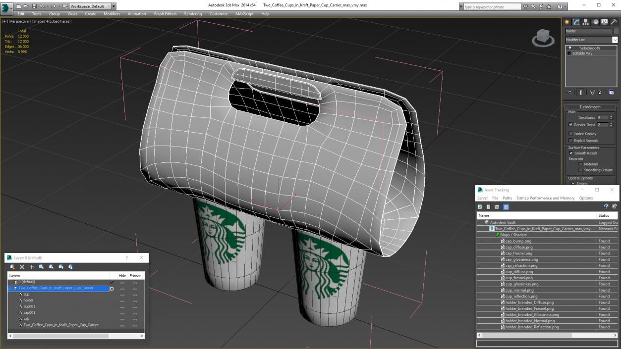 Two Coffee Cups in Kraft Paper Cup Carrier 3D