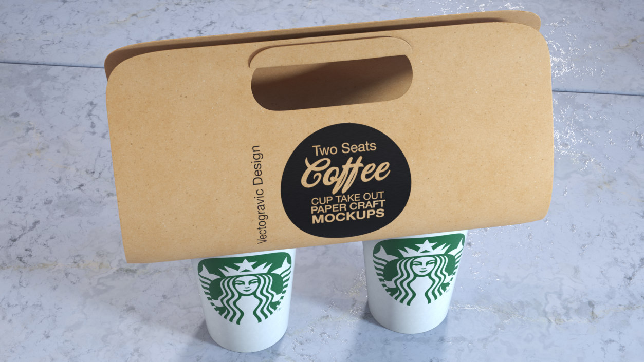 Two Coffee Cups in Kraft Paper Cup Carrier 3D