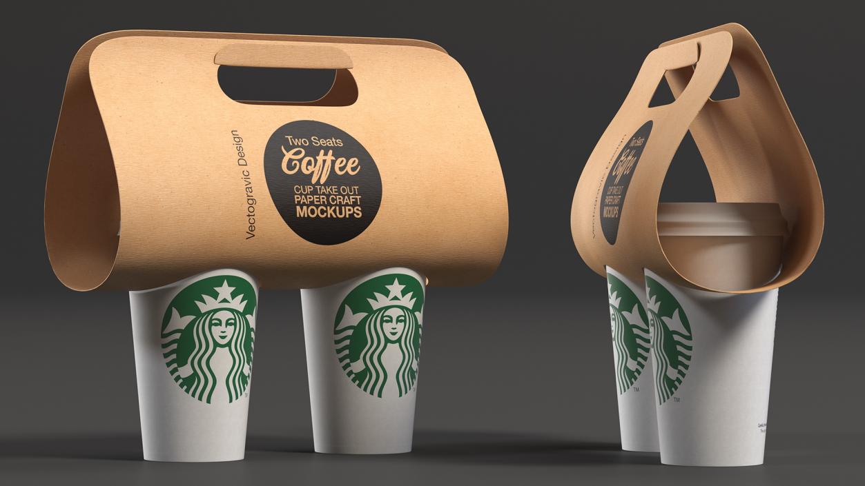 Two Coffee Cups in Kraft Paper Cup Carrier 3D