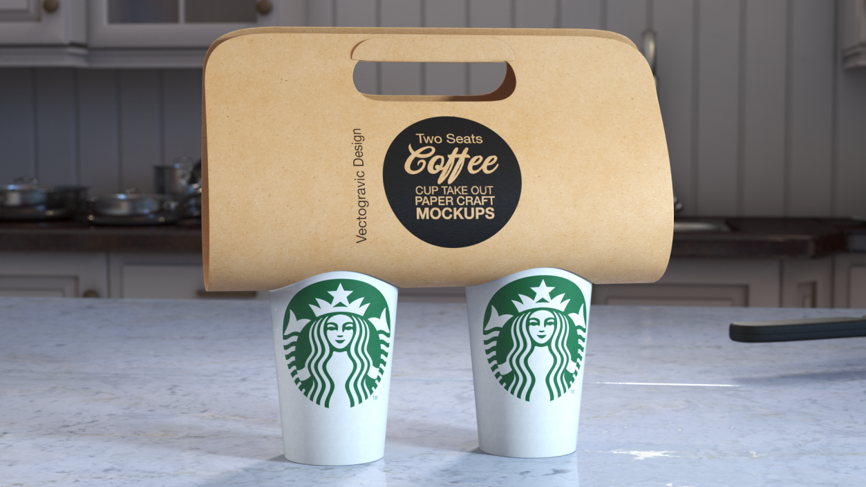 Two Coffee Cups in Kraft Paper Cup Carrier 3D