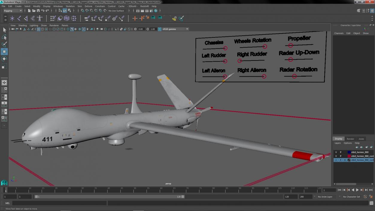 3D Elbit Hermes 900 UAV Rigged for Maya