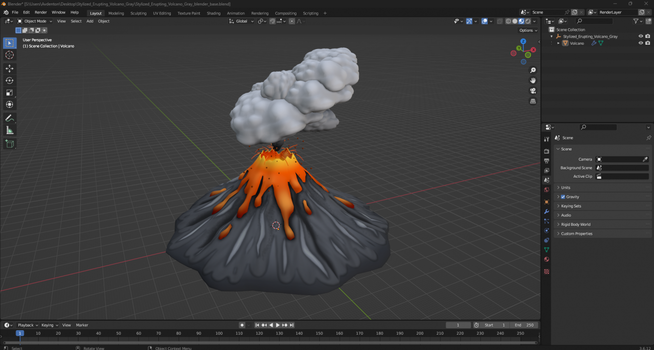 Stylized Erupting Volcano Gray 2 3D