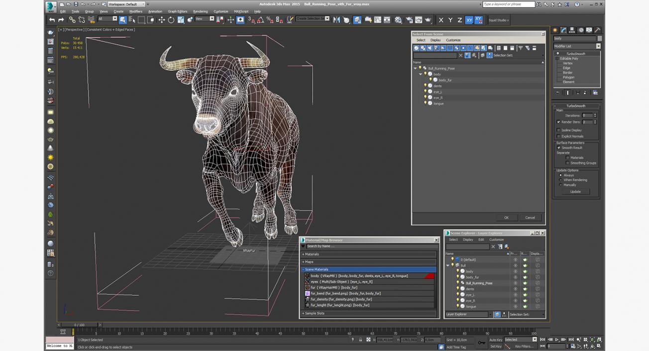 3D Bull Running Pose with Fur