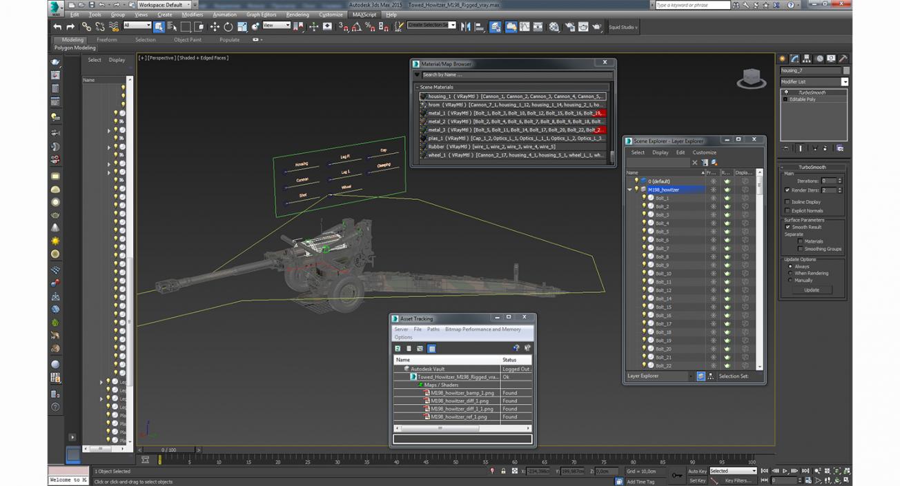 3D Towed Howitzer M198 Rigged