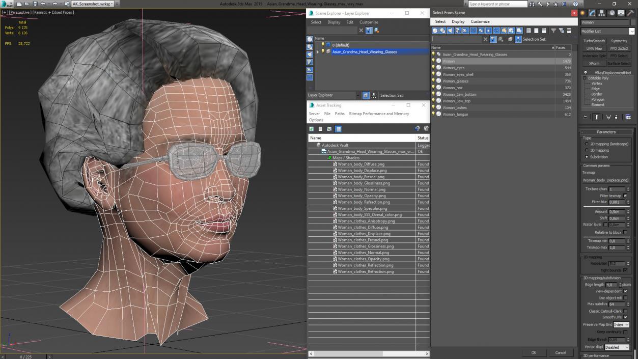 Asian Grandma Head Wearing Glasses 3D model