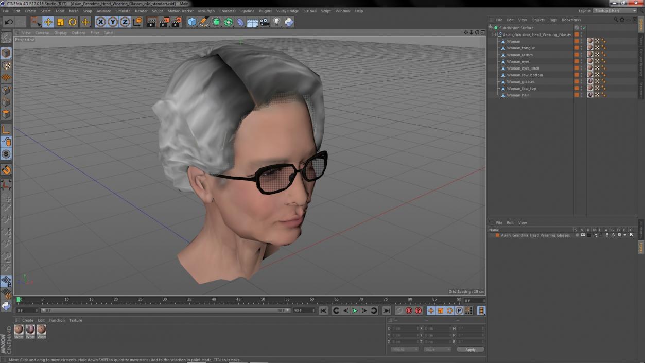 Asian Grandma Head Wearing Glasses 3D model