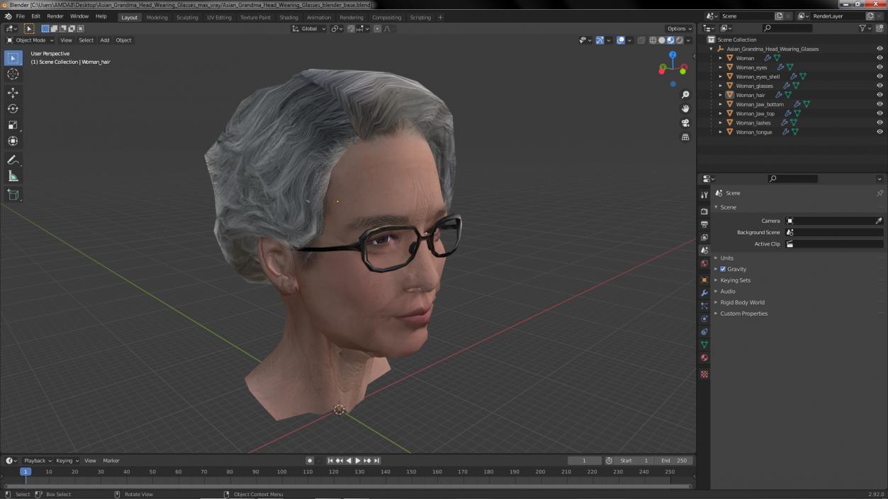 Asian Grandma Head Wearing Glasses 3D model