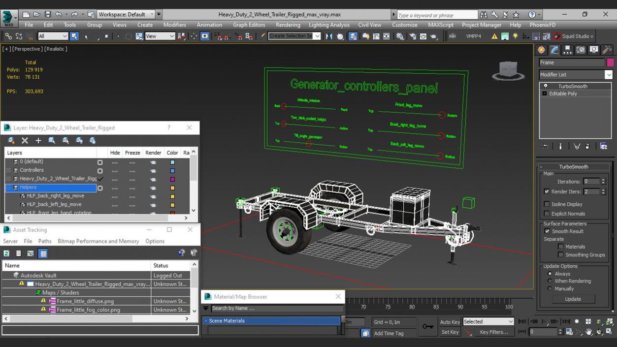 3D Heavy Duty 2 Wheel Trailer Rigged model