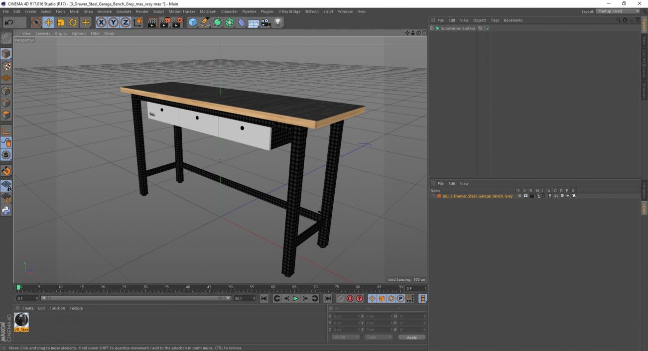 3 Drawer Steel Garage Bench Grey 3D