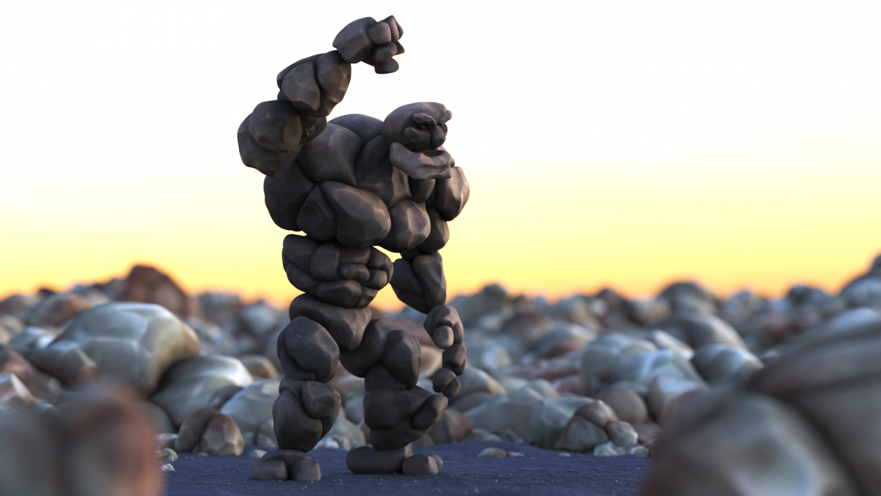 3D model Cartoon Character Gray Stone Golem Happy Pose