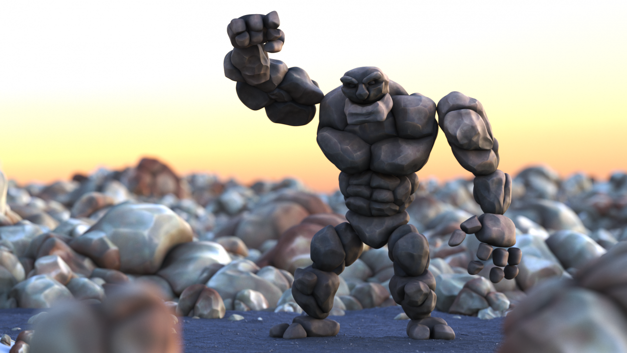 3D model Cartoon Character Gray Stone Golem Happy Pose