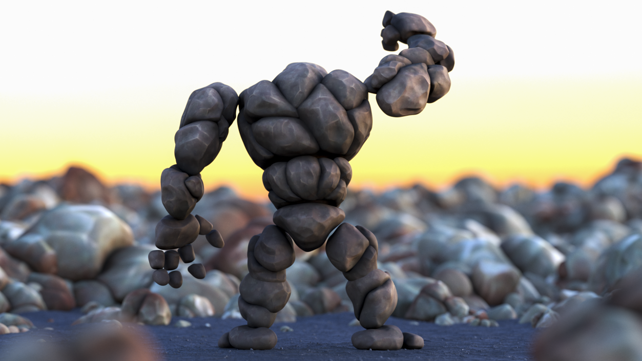 3D model Cartoon Character Gray Stone Golem Happy Pose