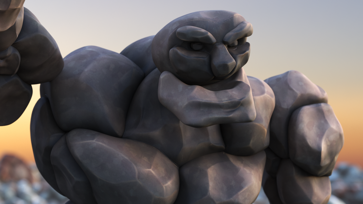 3D model Cartoon Character Gray Stone Golem Happy Pose