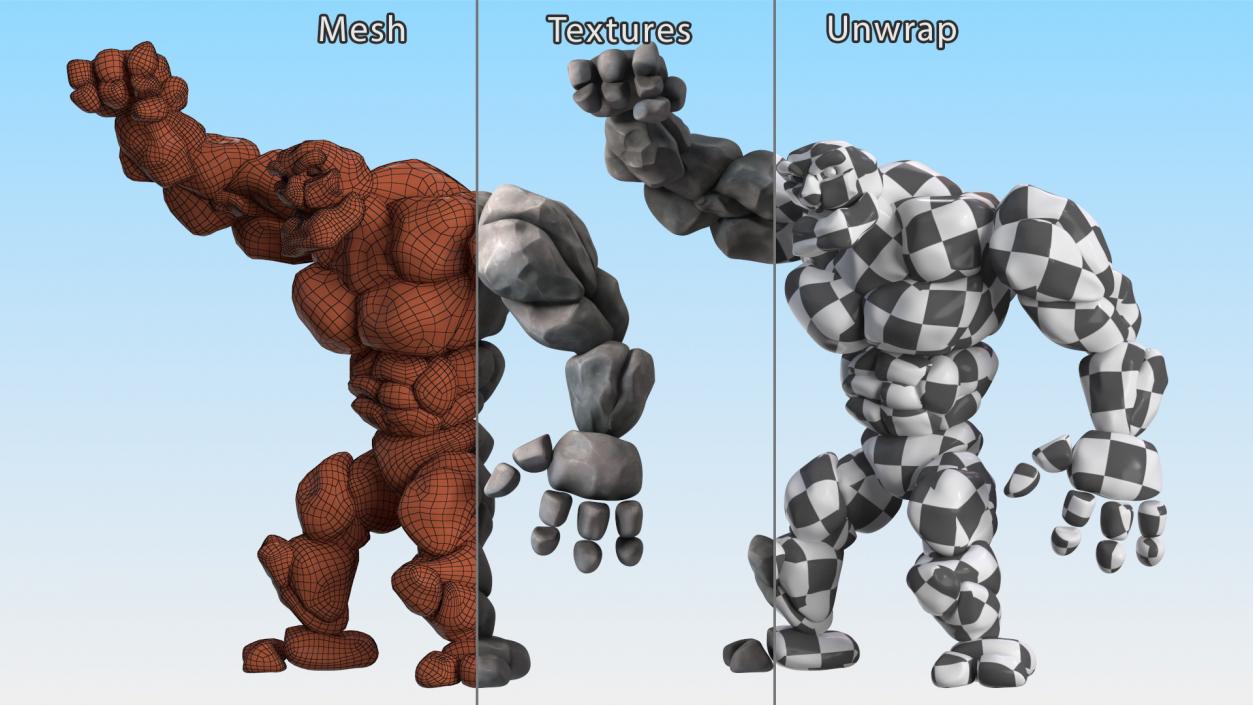 3D model Cartoon Character Gray Stone Golem Happy Pose