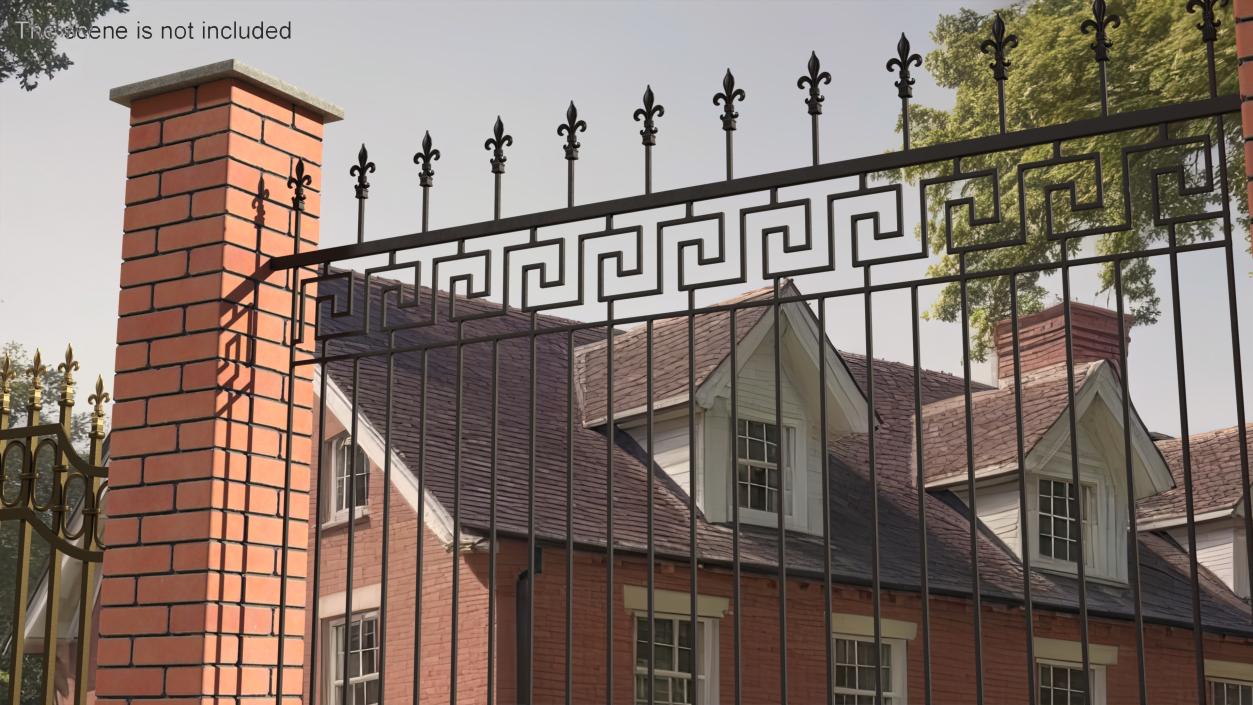 3D Brick and Metal Fence with Ornamental Ironwork