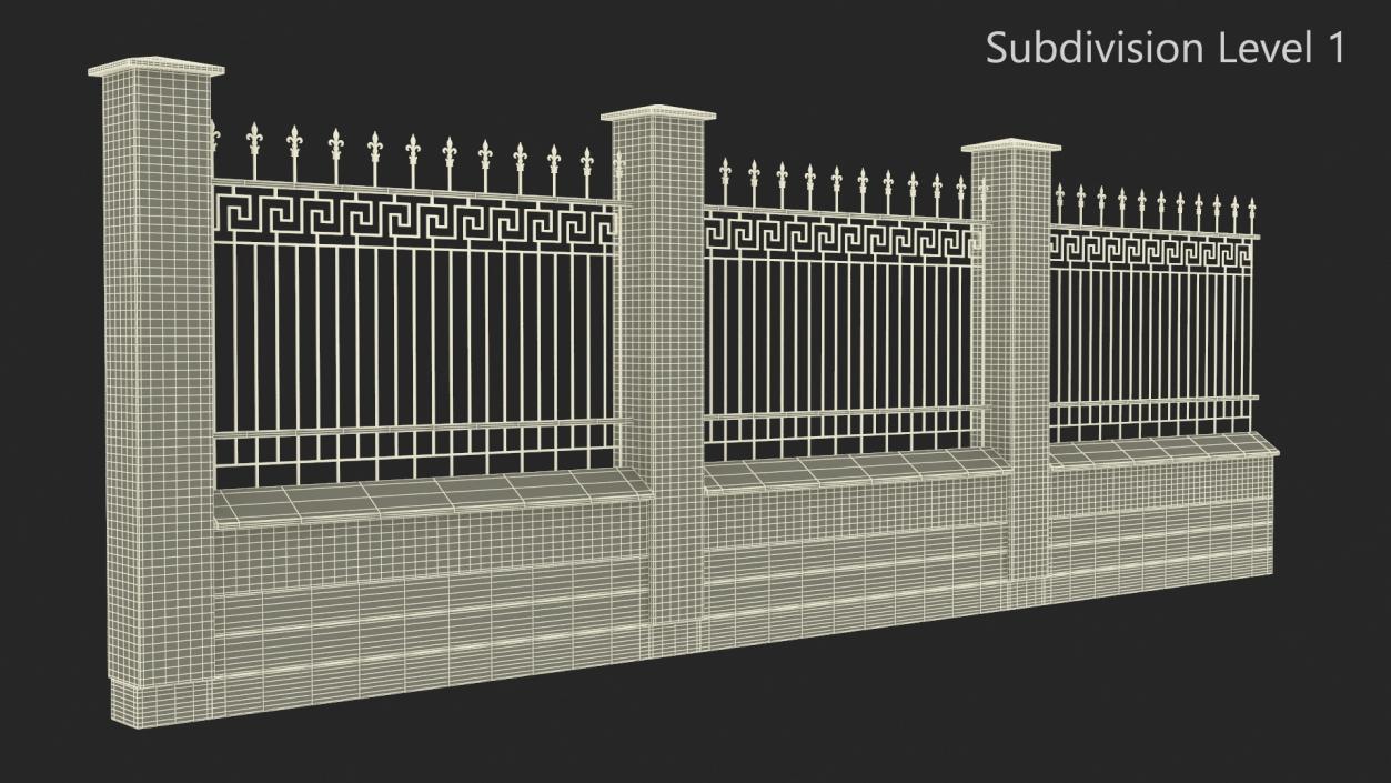 3D Brick and Metal Fence with Ornamental Ironwork