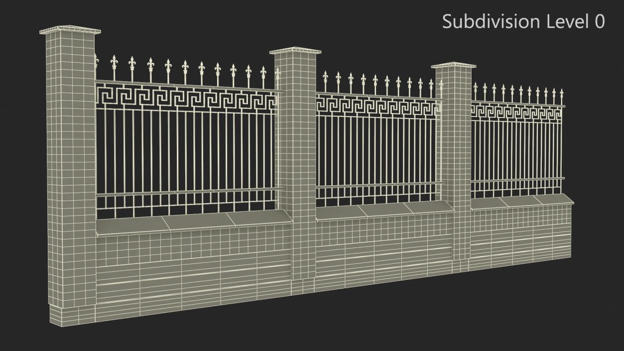 3D Brick and Metal Fence with Ornamental Ironwork