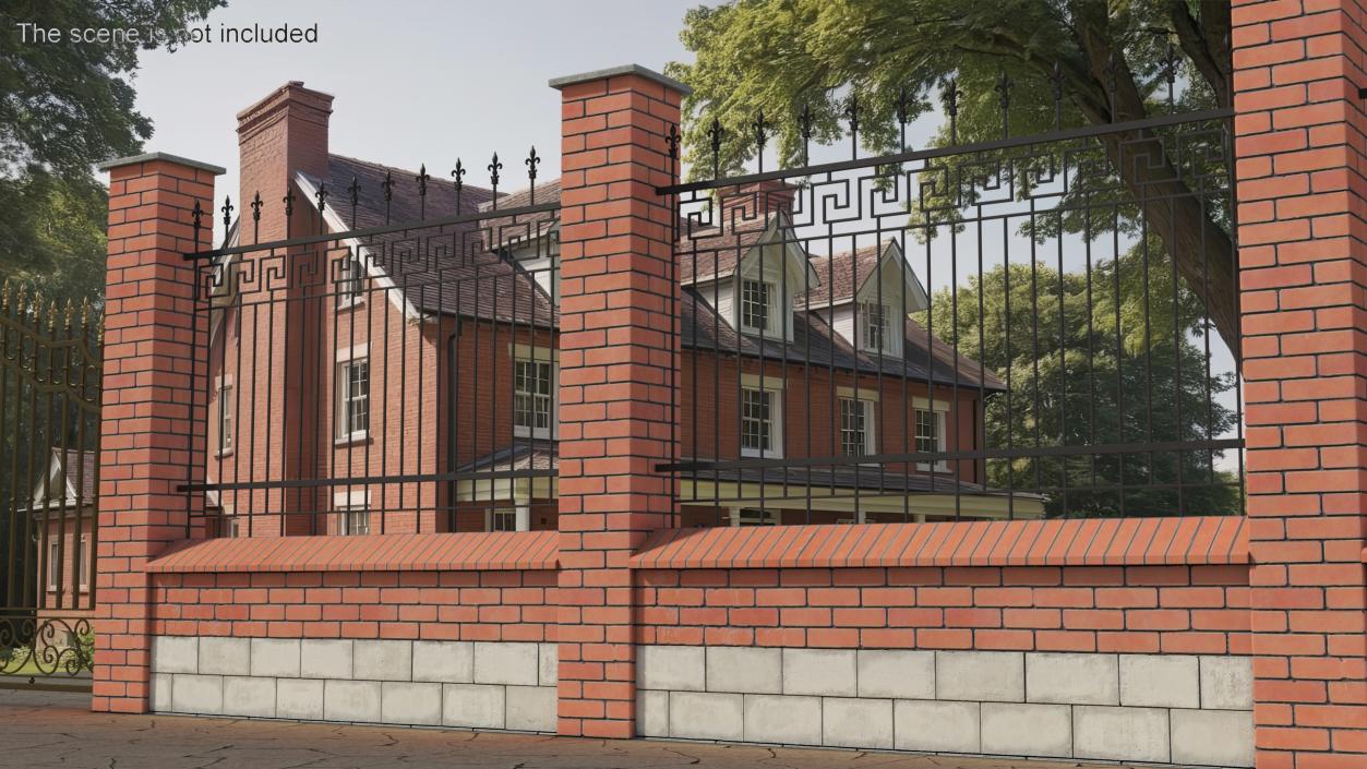 3D Brick and Metal Fence with Ornamental Ironwork