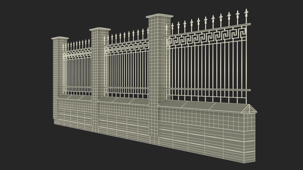 3D Brick and Metal Fence with Ornamental Ironwork